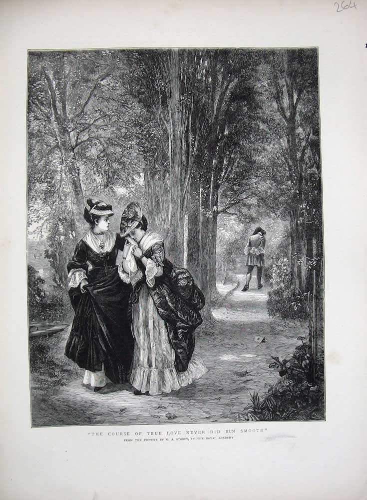 Original Old Antique Print 1872 True Love Romance Upset Trees Country Fine Art
