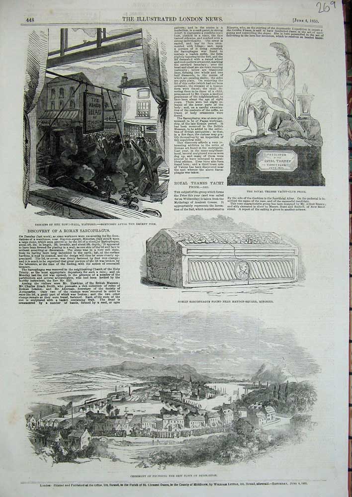 Original Old Antique Print 1853 Dumbarton Roman Sarcophagus Town-Hall Watford