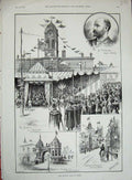 Original Old Antique Print 1891 Queen Derby Town Hall Mayor Triumphal Arch Corn