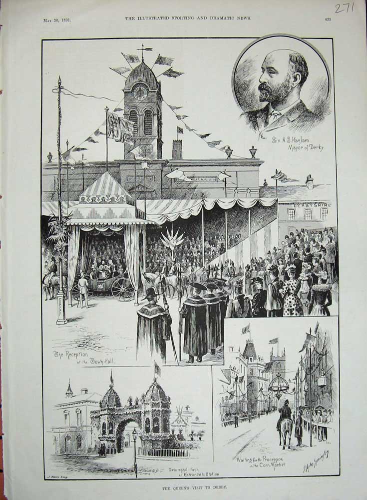 Original Old Antique Print 1891 Queen Derby Town Hall Mayor Triumphal Arch Corn