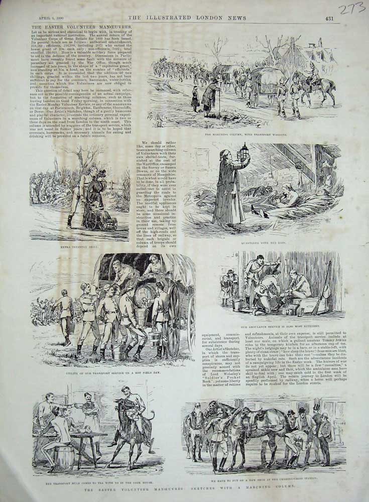 Original Old Antique Print 1890 Easter Volunteer Manoeuvres Siers Horses March