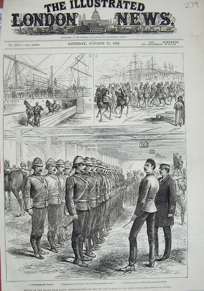 Original Old Antique Print 1882 Siers Egypt Life Guards Ship India Docks War