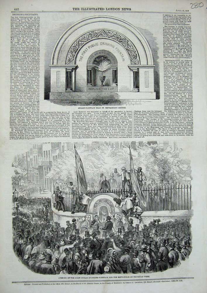 Original Old Antique Print 1859 Street Fountain Sepulchres Church Metropolis