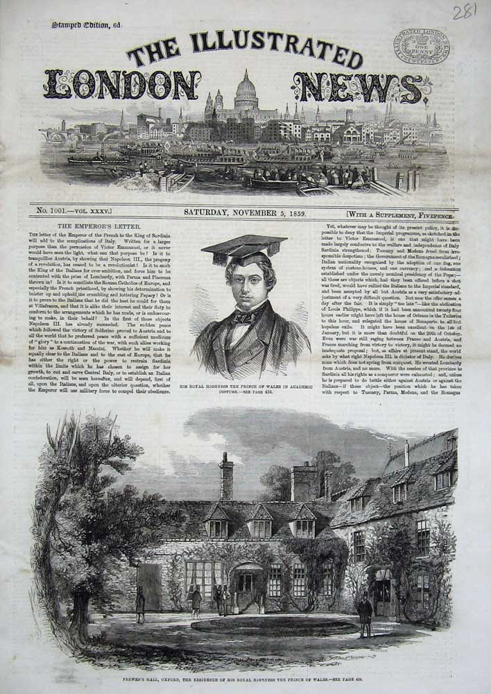 Old Antique Print 1859 Frewen'S Hall Oxford Royal Highness Prince Wales 19th
