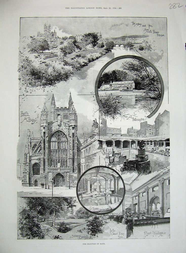Original Old Antique Print 1894 Bath Abbey Bathampton Sydney Gardens Tringham