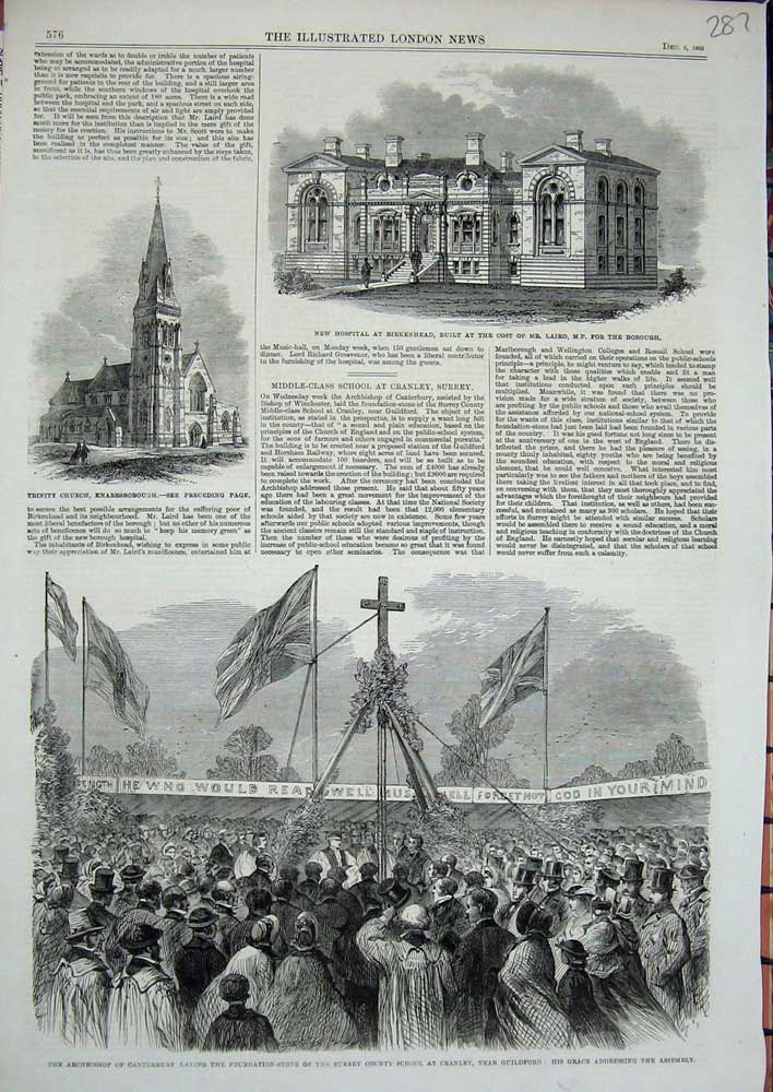 Original Old Antique Print 1863 Archbishop Canterbury Guildford Hospital Church