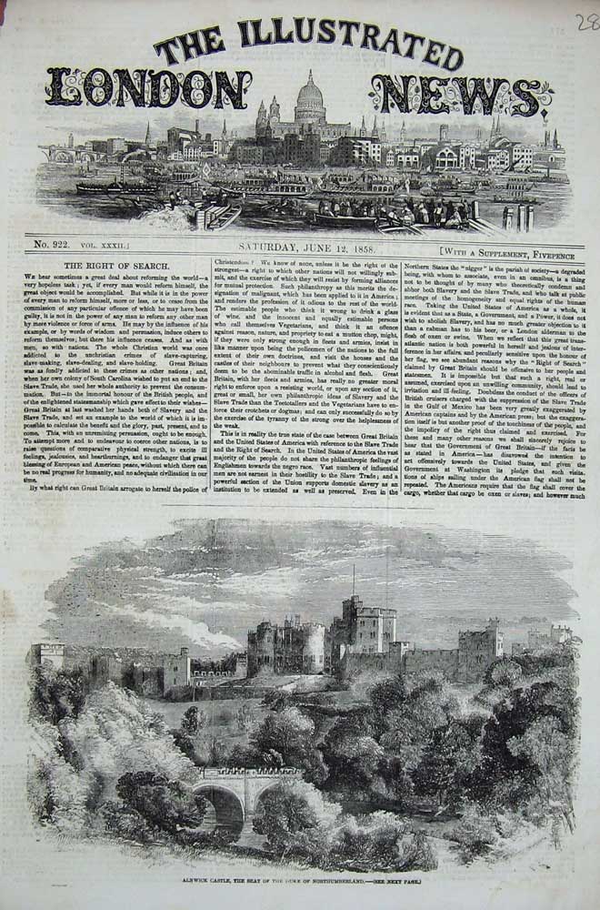 Original Old Antique Print 1858 Alnwick Castle Duke Northumberland River Bridge