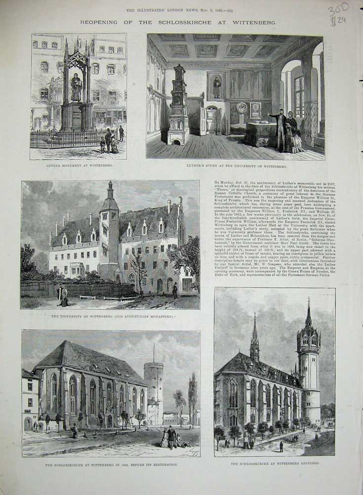 Old Antique Print 1892 Schlosskirche Wittenberg University Luther Study 19th