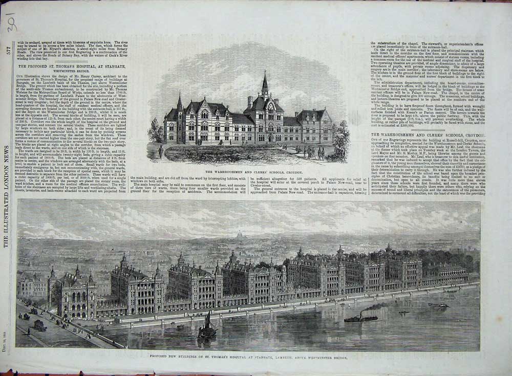 Old Antique Print 1865 Warehousemen School Croydon Thomas Hospital Bridge 19th