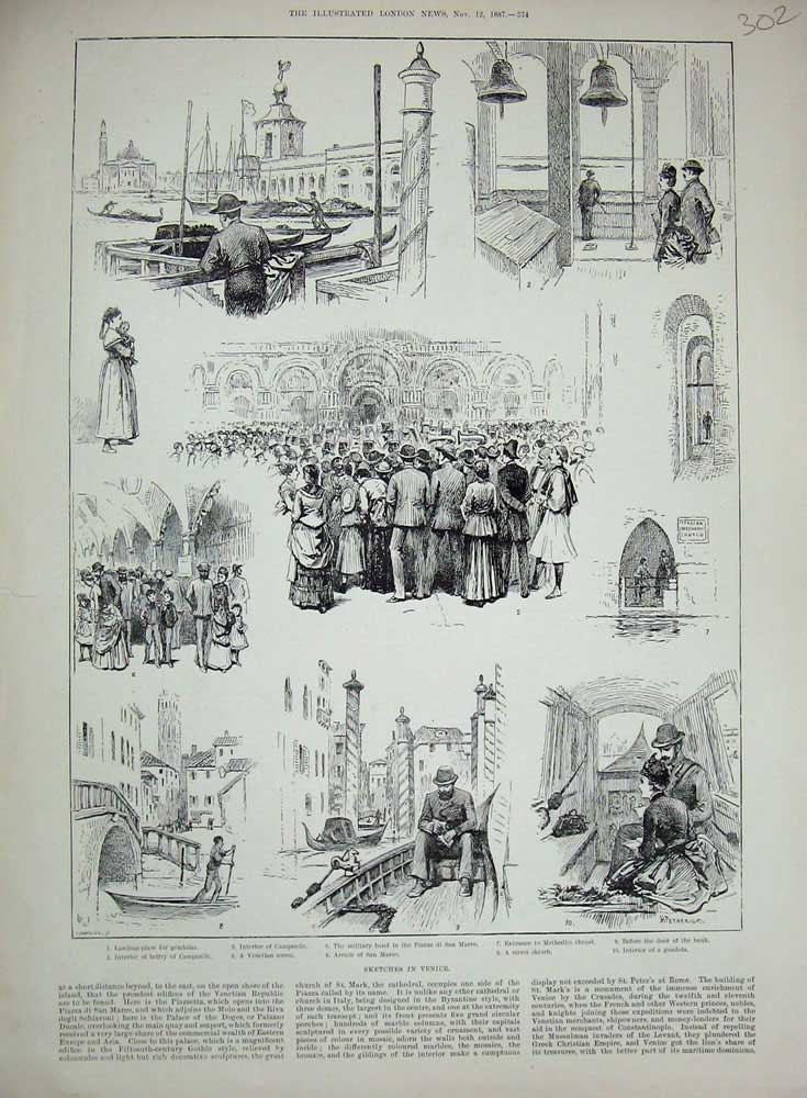 Original Old Antique Print 1887 Venice Gondolas Belfry Venetian Nurse San Marco