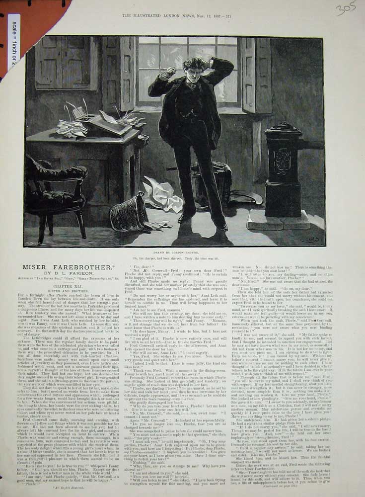 Original Old Antique Print 1887 Miser Farebrother Gordon Browne Man Desk Chair