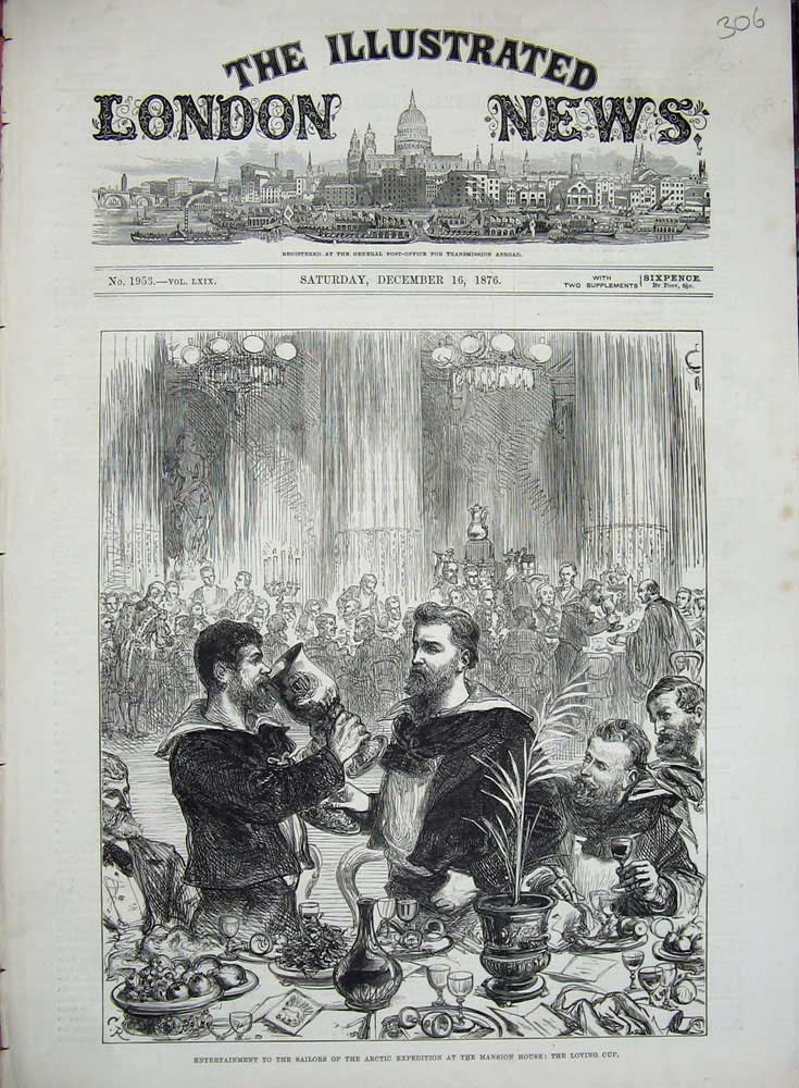 Original Old Antique Print 1876 Sailors Arctic Expedition Mansion House Men Cup