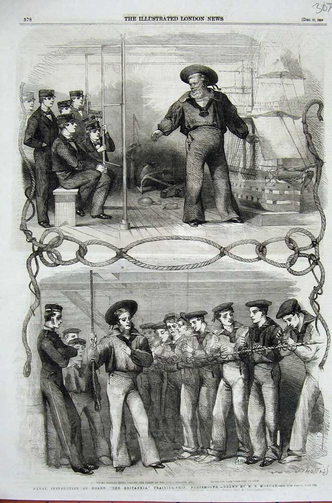 Original Old Antique Print 1859 Navy Sailors Britannia Training Ship Portsmouth