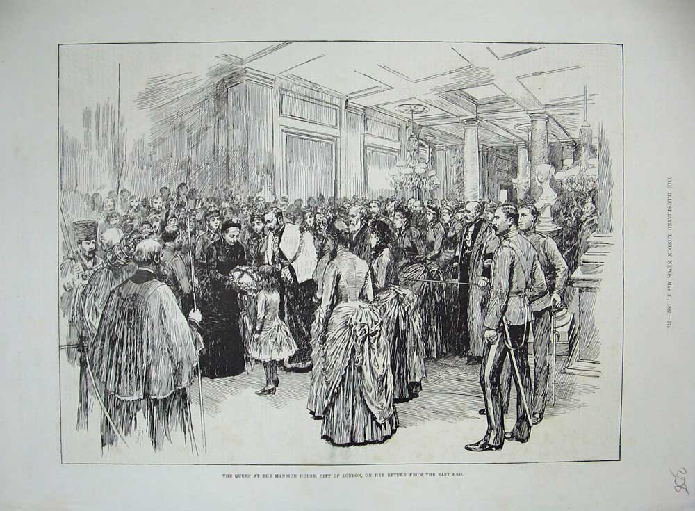 Original Old Antique Print 1887 Queen Mansion House City London Guards Children