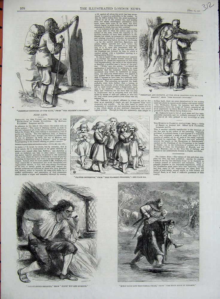 Old Antique Print 1860 Fine Arts Robin Hood Christian Gate Pilgrim Flower 19th
