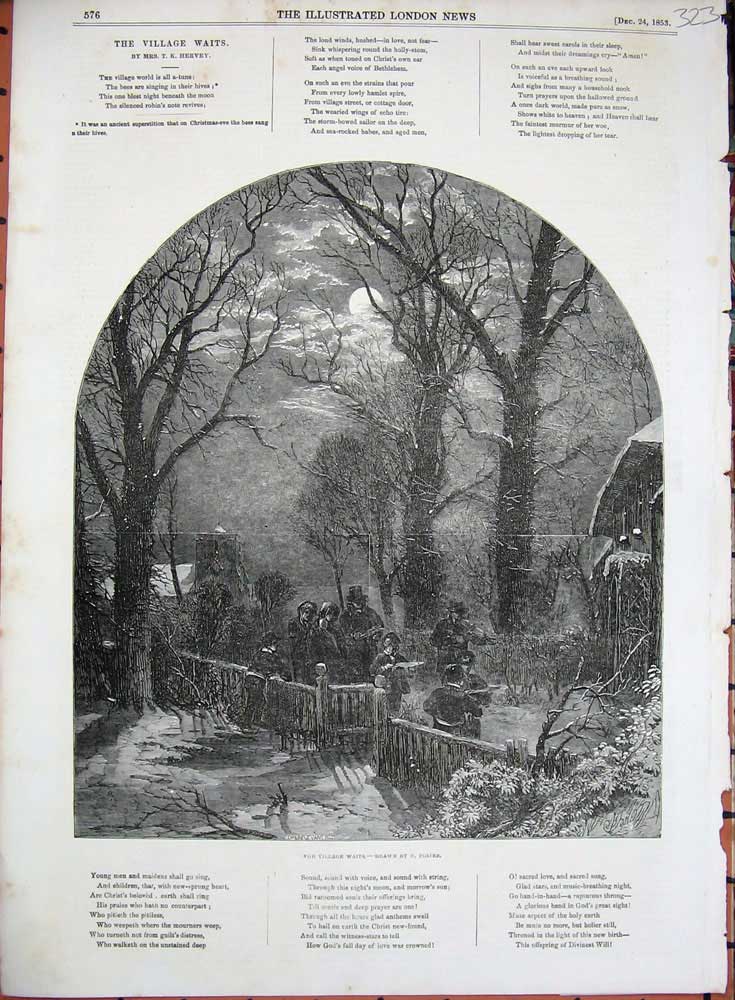 Original Old Antique Print 1853 Village People Winter Moonlight Poem Hervey Art