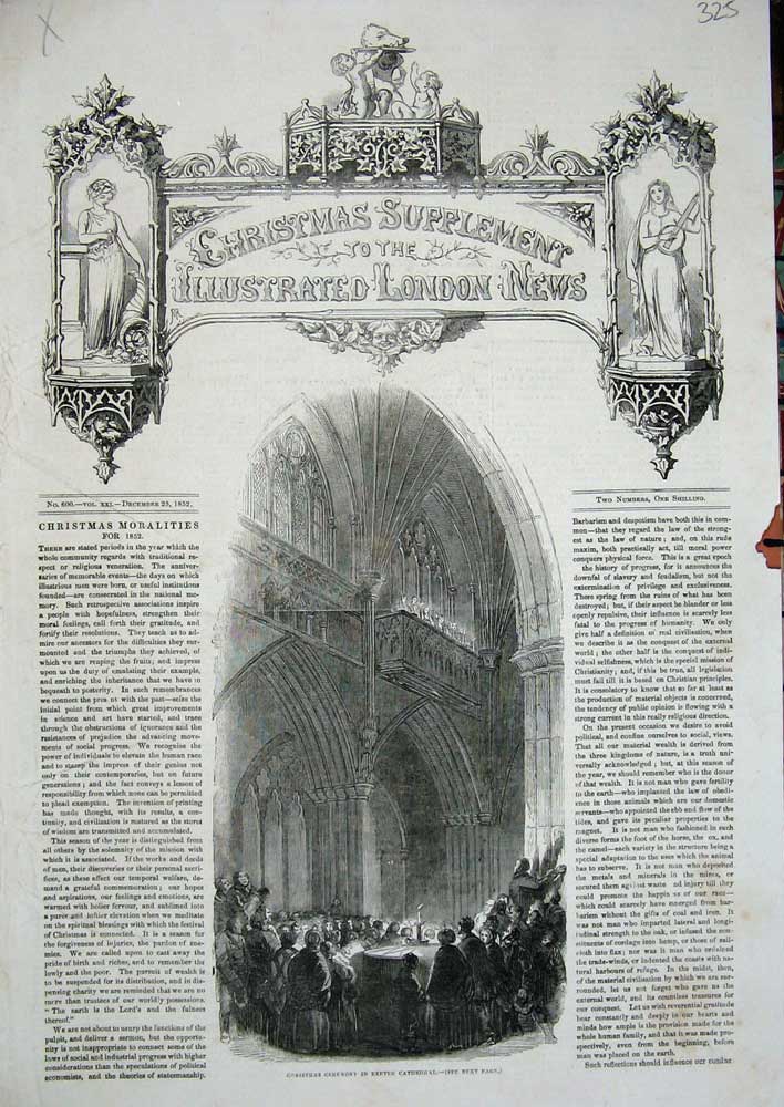 Old Antique Print Christmas Ceremony Exeter Cathedral Service Church 1852 19th