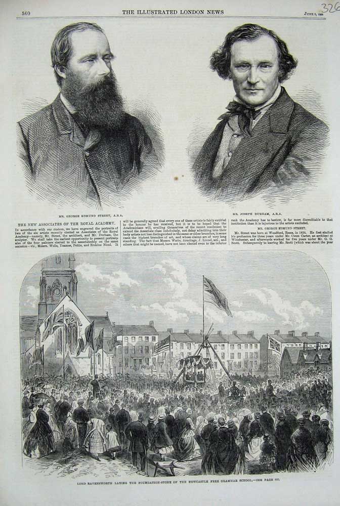 Original Old Antique Print 1866 Lord Ravensworth Newcastle School Durham Street