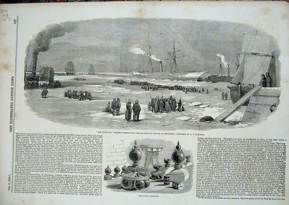 Old Antique Print 1856 Sebastopol Trophies North Steamer Ship Cronstadt 19th