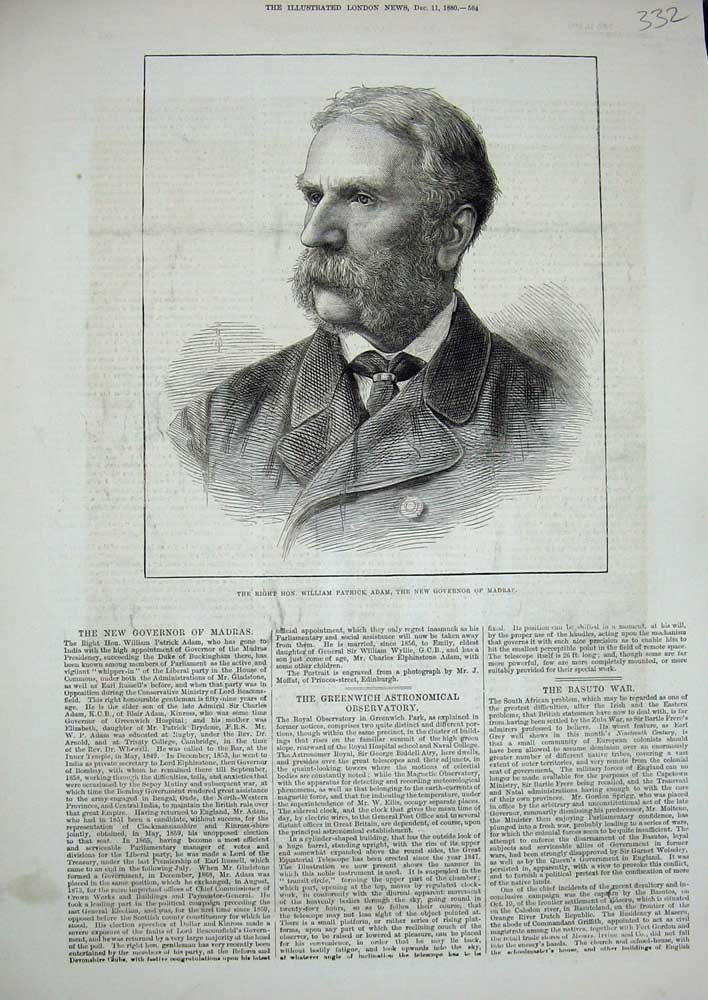 Old Antique Print 1880 William Patrick Adam New Governor Madras Portrait 19th