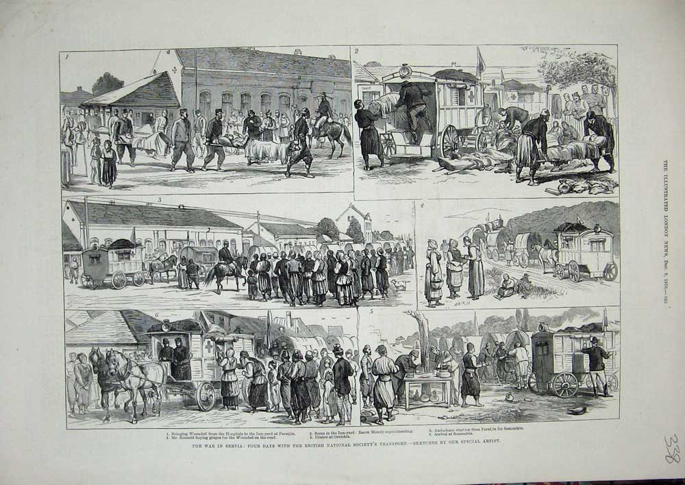 Old Antique Print 1876 War Servia Hospital Paratjin Baron Mundy Semendria 19th