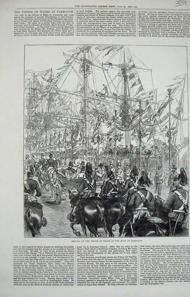 Original Old Antique Print 1872 Arrival Prince Wales Quay Yarmouth Ships Siers
