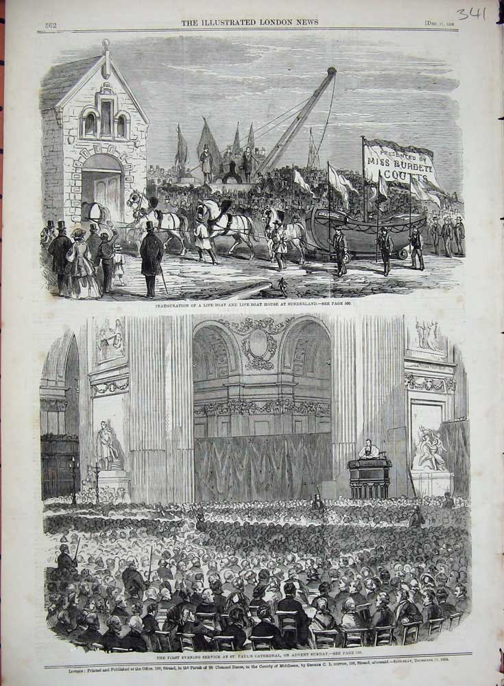 Old Antique Print 1858 Life-Boat House Sunderland Paul'S Cathedral Advent 19th