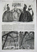 Original Old Antique Print 1857 Womens Fashion Clock Tower Houses Parliament