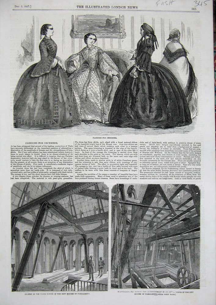Original Old Antique Print 1857 Womens Fashion Clock Tower Houses Parliament