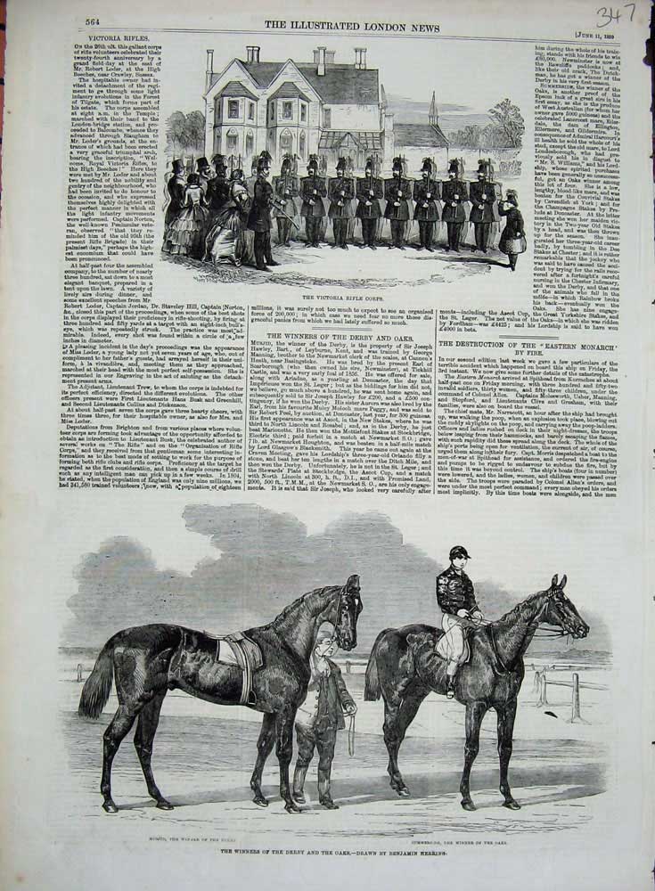 Old Antique Print Victoria Rifle Corps 1859 Horse Race Derby Oaks Musjid 19th