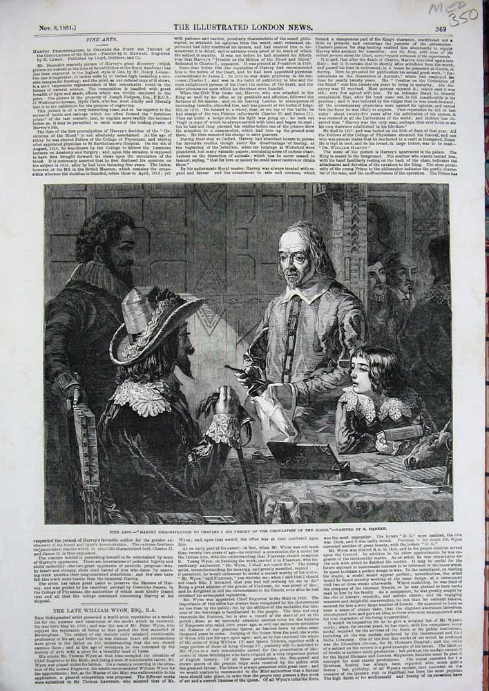 Old Antique Print Fine Arts 1851 Harvey Charles Theory Circulation Blood 19th