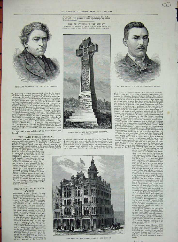Old Antique Print 1881 Sailor'S Home Dundee Monument Imperial Rolleston 19th