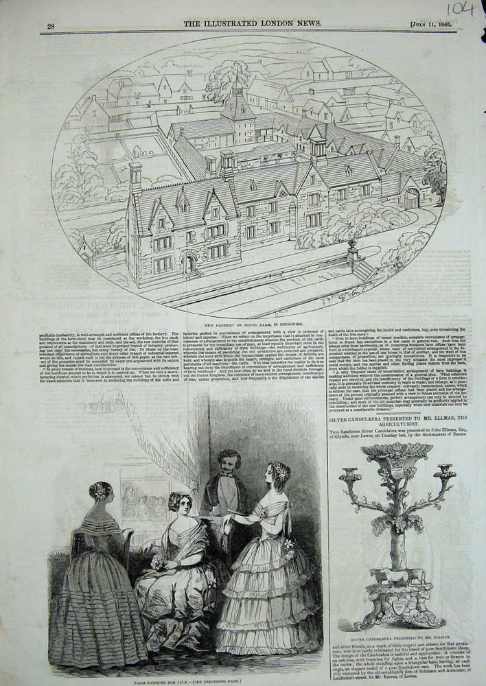 Old Antique Print 1846 Womens Fashion Silver Ellman Model Farm Berkshire 19th