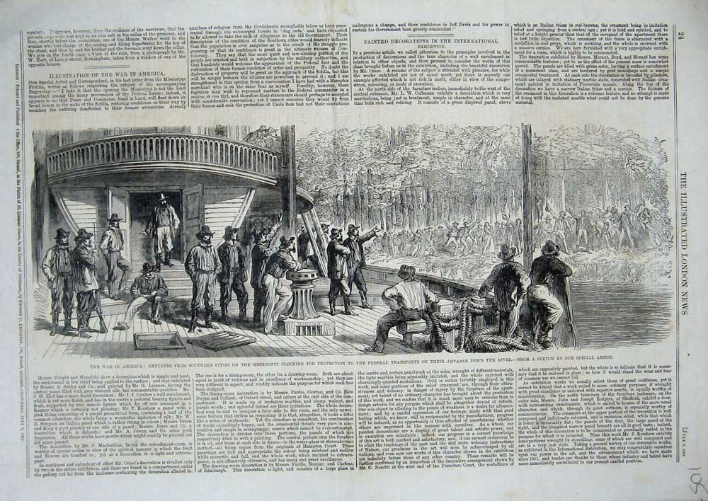 Old Antique Print 1862 War America Refugees Mississippi Federal Transport 19th