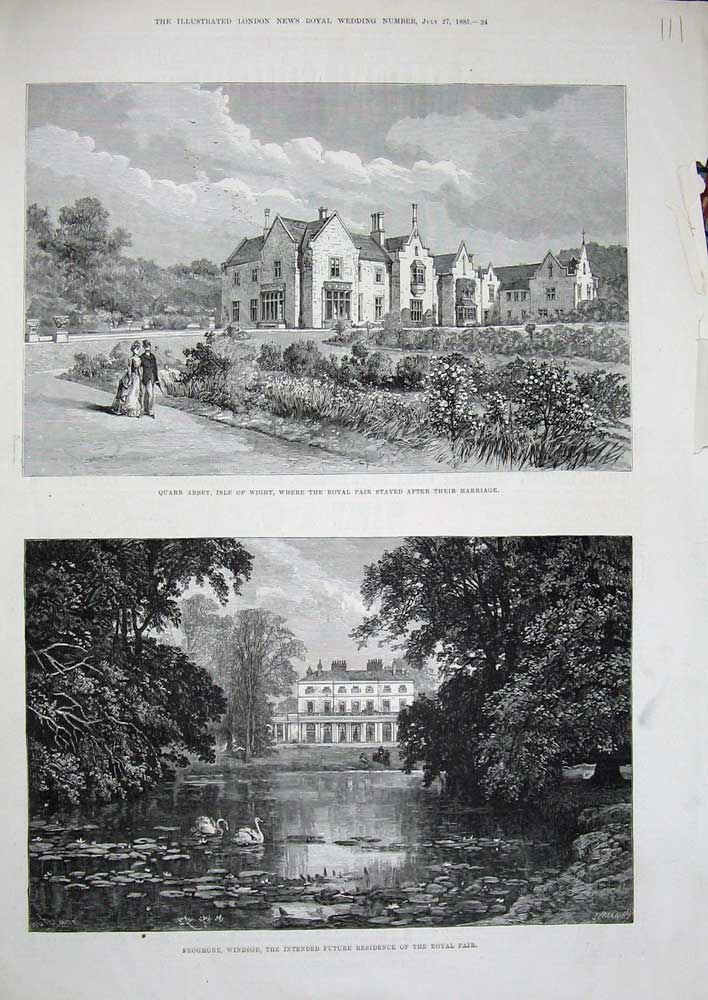 Original Old Antique Print Frogmore Windsor 1885 Quarr Abbey Isle Wight Wedding