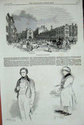 Original Old Antique Print 1845 Market Place Shrewsbury Street Town Men Sketch