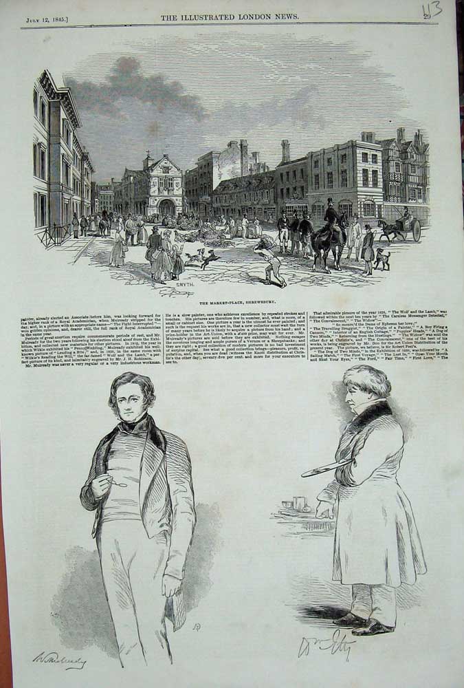 Original Old Antique Print 1845 Market Place Shrewsbury Street Town Men Sketch