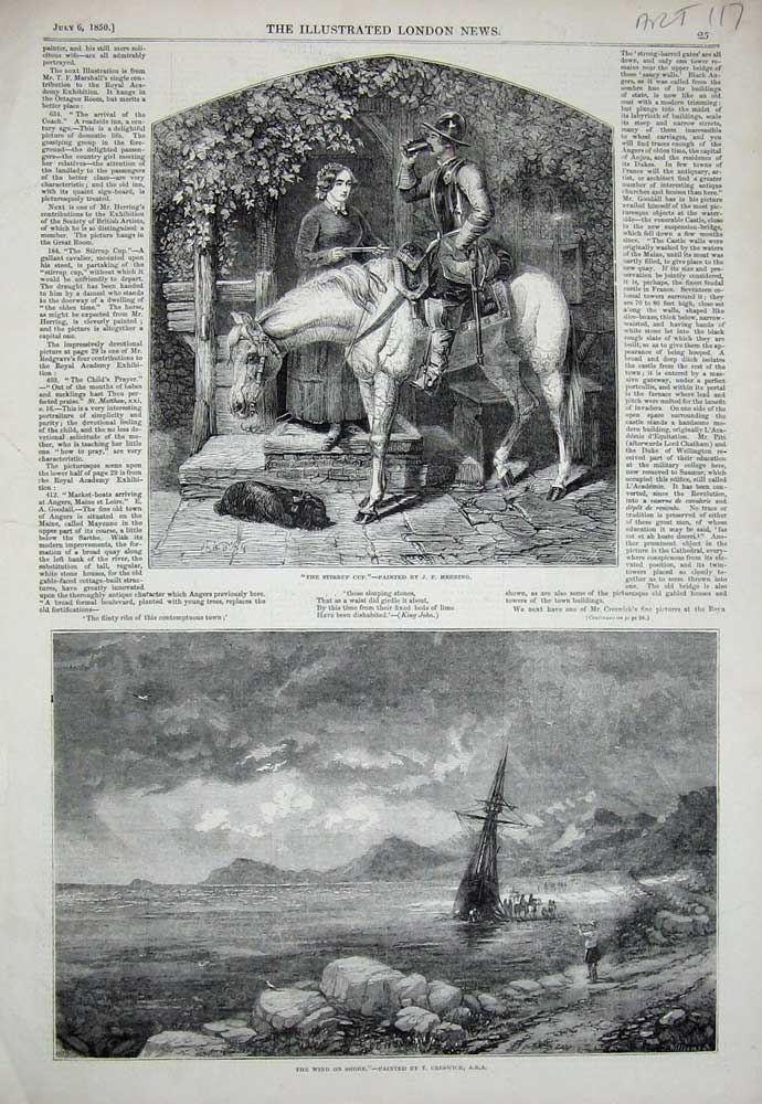 Original Old Antique Print Art 1850 Ship Wreck Shore Beach Knight Horse Uniform