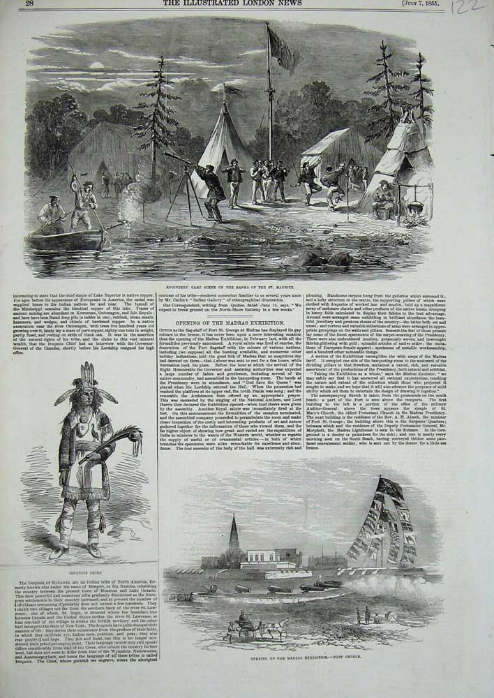 Old Antique Print 1855 Engineers Camp Maurice River Iroquois Chief Madras 19th