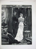 Original Old Antique Print 1882 Woodville Fine Art Man Woman Romance Window
