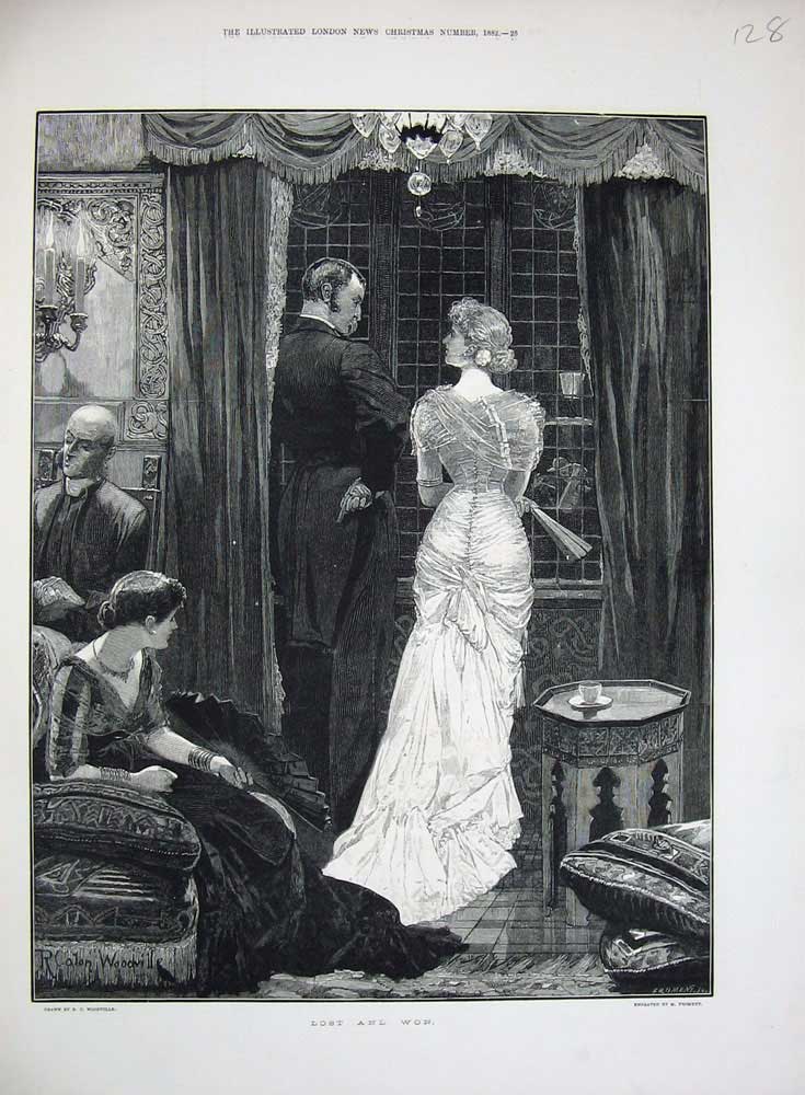 Original Old Antique Print 1882 Woodville Fine Art Man Woman Romance Window