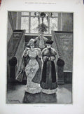 Old Antique Print 1882 Woodville Fine Art Ladies Fur Coat Hats Staircase 19th