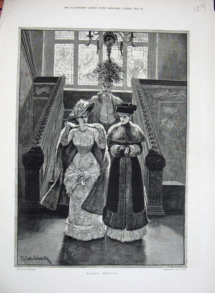 Old Antique Print 1882 Woodville Fine Art Ladies Fur Coat Hats Staircase 19th