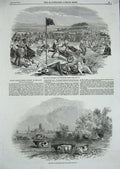 Original Old Antique Print 1853 Camp Chobham Sutherland Games Gloucester Castle