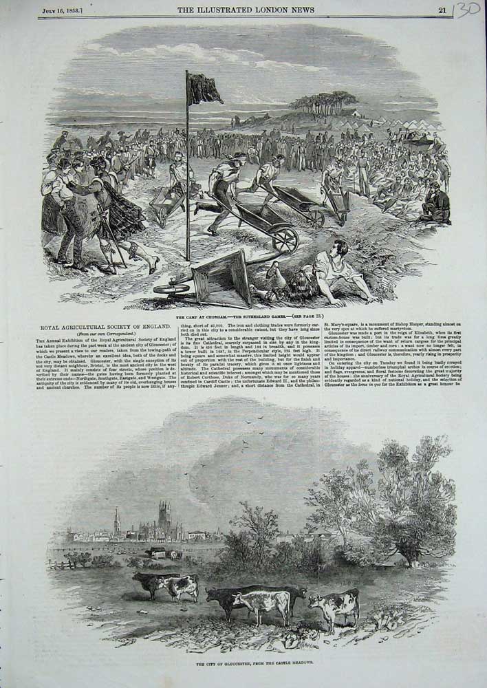 Original Old Antique Print 1853 Camp Chobham Sutherland Games Gloucester Castle
