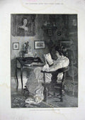 Original Old Antique Print Lady Woman Reading Letter House Table Chair Art 1884