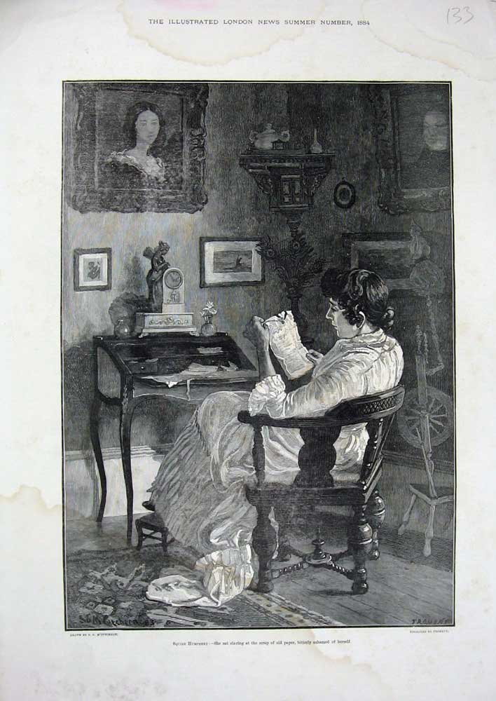 Original Old Antique Print Lady Woman Reading Letter House Table Chair Art 1884