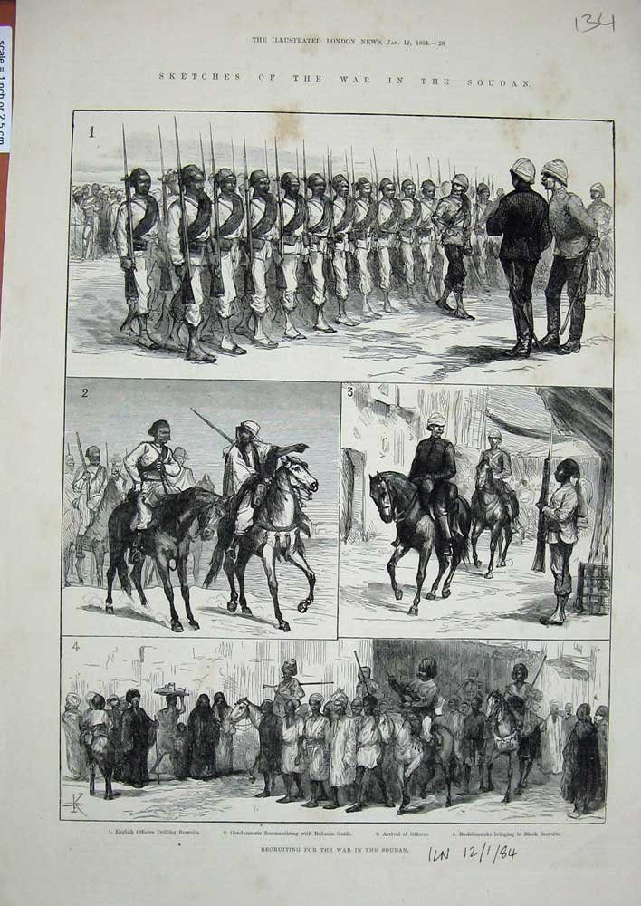 Original Old Antique Print 1884 War Soudan English Siers Bedouin Guide Horses