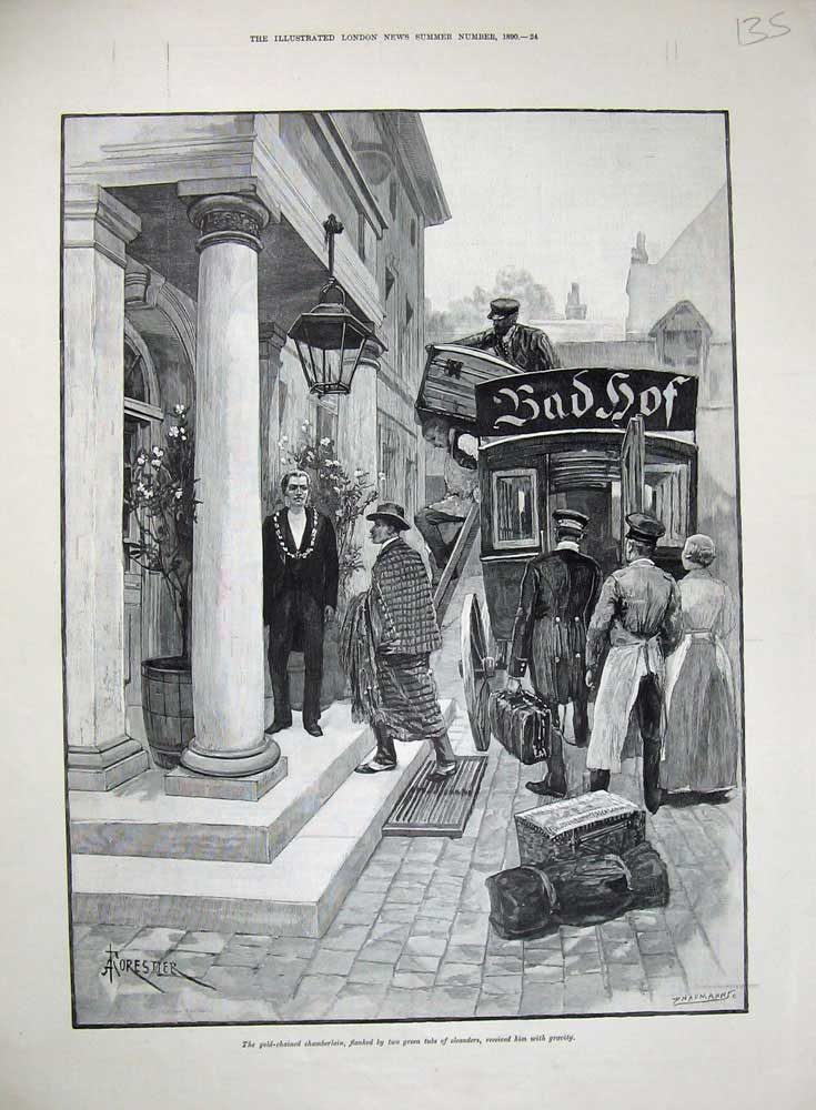 Old Antique Print 1890 Forestier Fine Art Chamberlain Man Transport Hotel 19th