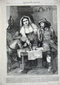 Original Old Antique Print 1858 Shop Door Rome Market Lady Man Young Boy Fruit